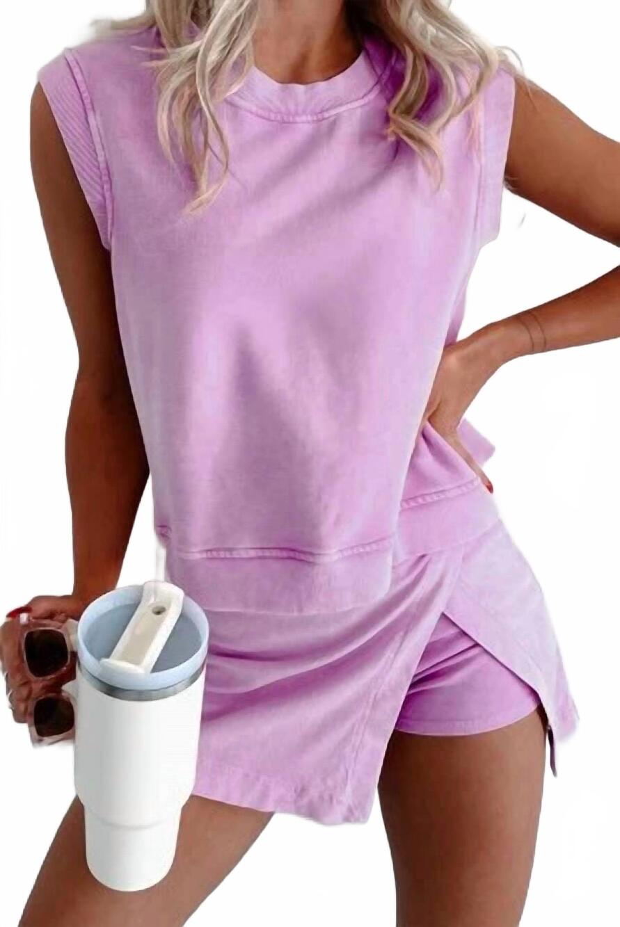 NEW SHEWIN mineral wash cotton tank top lined split skirt set in purple